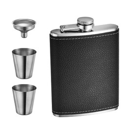 Yenghome Hip Flask Set, 8 OZ Premium Stainless Steel Leather Flask with Black Leather Cover for Men, Leakproof Gift Flask Set with 2 Cups & 1 Funnel