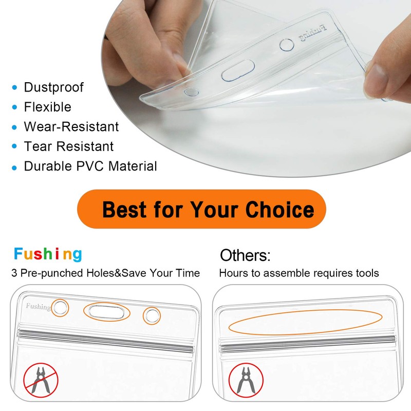 Fushing 70PCS Clear Waterproof Plastic Horizontal Badge Holders Name Tag