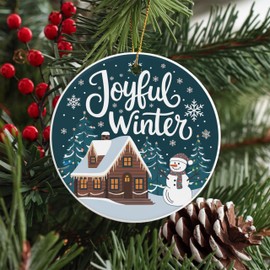Joyful Winter Round Ceramic Ornament 3 inches Featuring a Cozy Cabin, Snowman, and Twinkling Lights in a Whimsical Winter Scene