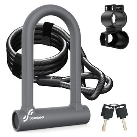 Sportneer Bike Lock - Heavy Duty Anti Theft Bike U Lock with 5ft Security Steel Cable - 17mm Shackle Bicycle U-Locks with Keys & Sturdy Mounting Bracket for Road, Mountain, Electric Bike, Grey