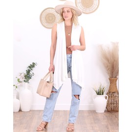 Popana Womens Sleeveless Lightweight Summer Open Front Long Duster Cardigan Vest Plus Size Made in USA Large Pearl