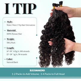 Water Wave I Tip Hair Extensions Human Hair 28 Inch #1B Nature Black 50strands Human Hair Comfortable Wear I Tip Human Hair Extensions Long Curly Hair Invisible I Tips