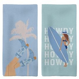 Tzhim Western Kitchen Towels, Blue Howdy Cowgirl Western Hand Towels, Beach Tree Howdy Dish Towels Dishcloths Tea Towels for Kitchen, Coastal Cowgirl Kitchen Bathroom Decor Set of 2, 16x24in 110