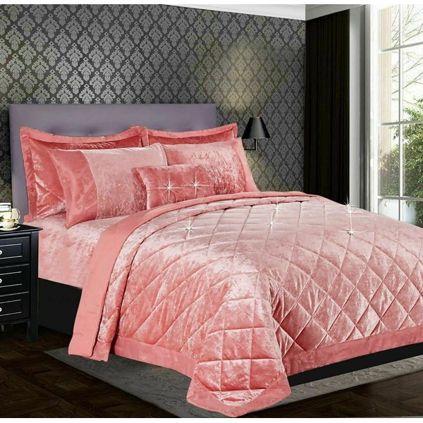 Prime Linens Crushed Velvet Quilted Bedspread Comforter Set 3 Piece Super Soft Bed Throw Diamond with 2 Pillow Cases (Pink, Super King 3 Piece)