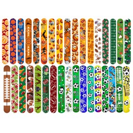 34 PCs Slap Bracelets Slap Wrist Bands with 34 Designs Pattern Colorful Soccer Balls Footballs and Basketballs Theme Bag Fillers Party Favours Pack