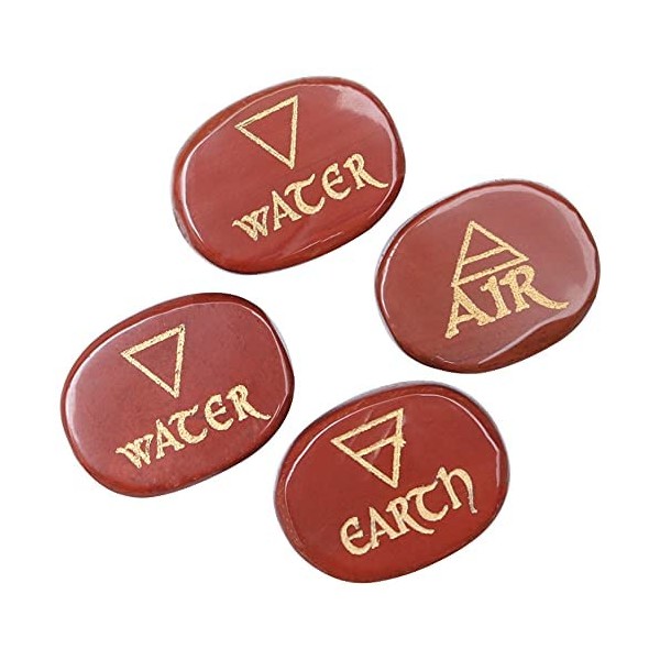 Crocon 4 Elements Red Jasper karuna Stones Engraved Triangle Symbols (Earth Air Fire Water) Polished Palm Stones for Gemstone Reiki Crystals Healing