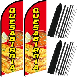 FuWeave 2 Pcs Quesabirria Advertising Swooper Flag Banner 8.2ft Feather Flags with Pole Advertising Feather Banners Sign for Business Store