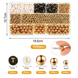 1600PCS Beads for Bracelet Making, 1200PCS Round Pearls & 400PCS Letter Beads, 4 6 8 mm Metal Plated Beads Alphabet Beads for Bracelet Jewellery Earring Necklace Making DIY Craft