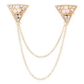 Pearl CZ Triangle Tassel Chain Tie Brooch Pin Rhinestone Geometrical Dangle Double Layered Link Lapel Shawl Pins Suit Dress Shirt Tuxedo Brooches Dainty Jewelry for Women Men (Gold)