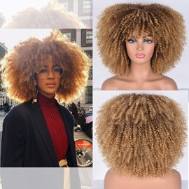 Curly Afro Wigs for Black Women Short Kinky Curly Wigs with Bangs 14inch Blonde Afro Hair Synthetic Fibre Wigs