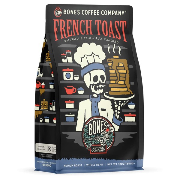 Bones Coffee Company French Toast Flavored Coffee Beans & Ground Coffee Sweet & Buttery Flavor | 12 oz Medium Roast Arabica Low Acid Coffee | Gourmet Coffee (Ground)