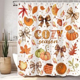 DYNH - Cortina de ducha con lazo de otoño, color café otoño, color beige, con lazos, hojas de arce, calabaza, granja, cosecha de Acción de Gracias, cortina de ducha para baño, lazo de otoño con
