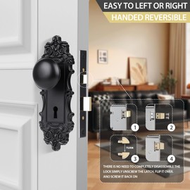 ToPToToo Mortise Lock Set for Interior Door, Matte Black Door Knob with Lock and Skeleton Key, Antique Old Style Door Knob Lock Replacement, Vintage Mortise Door Knobs for Interior Doors