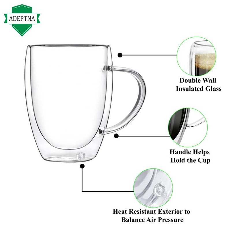 ADEPTNA Finest Large Pack of 2 Double Wall Glass Mugs