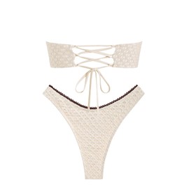 ZAFUL Women's Strapless Bikini Top Openwork Textured Bow Ruched Lace Up Bandeau Tops Swimsuit Bathing Suit Tube Top(Beige, M)