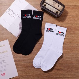 MIXJOY I Love My Boyfriend Socks, Funny Socks for Girlfriend from Boyfriend, 2 Pairs Black and White Crew Socks for Couples, Anniversary Birthday Stocking Stuffers for Women Her