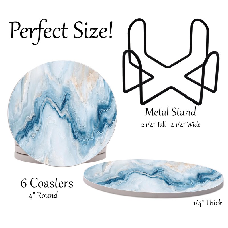 Blue Agate Marble Round Coasters Set of 6 - Abosrbent