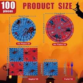 100 Pcs Spider Party Tableware Set – Disposable Red and Blue Plates, Napkins, and Forks with Spider and Web Designs for Halloween, Kids Birthday Parties, and School Celebrations – Serves 25 Guests