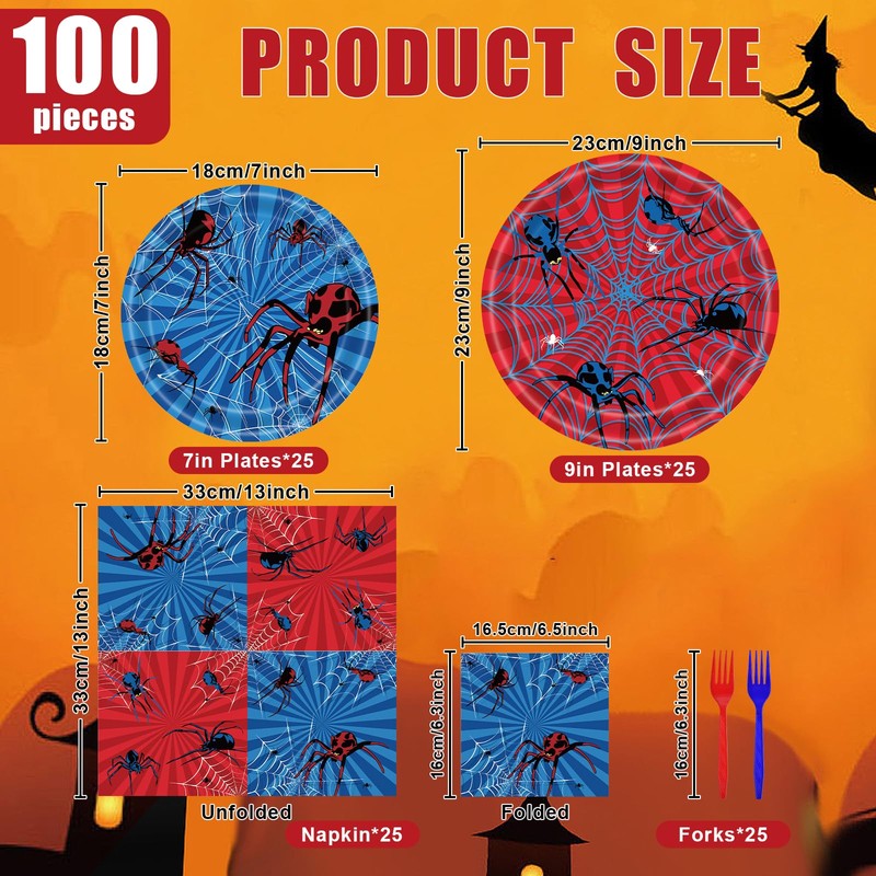 100 Pcs Spider Party Tableware Set – Disposable Red and