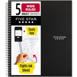 Five Star Spiral Notebook + Study App, 5 Subject, Wide Ruled Paper, 8" x 10-1/2", 200 Sheets, Fights Ink Bleed, Water Resistant Cover, Black (72045)