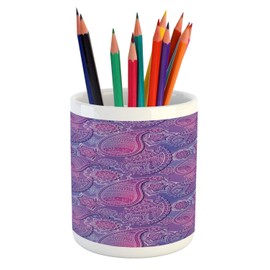 Ambesonne Paisley Pencil Pen Holder, Purplish Pattern in Doodle Style Along Abstract Flowers Ornaments Eastern Art, Ceramic Pencil Holder for Desk Office Accessory, 3.6" X 3.2", Multicolor