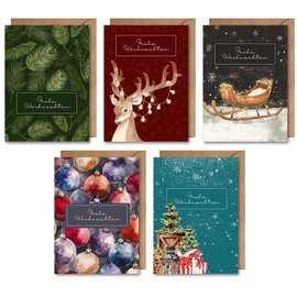 5er Set Weihnachten Karte mit Umschlag - "Frohe Weihnachten" klassischer Weihnachtskartenset Christbaumkugeln Tannenzweige Rudolf Geschenke Schlitten Weihnachtsfeier Christmas Adventszeit (DIN A6)