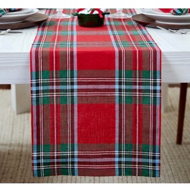 Solino Home Linen Tartan Plaid Table Runner 36 Inches - 100% Pure Linen Christmas Red Madras Holiday Plaid Table Runner 14 x 36 Inch Ideal for Dresser and Coffee Tables