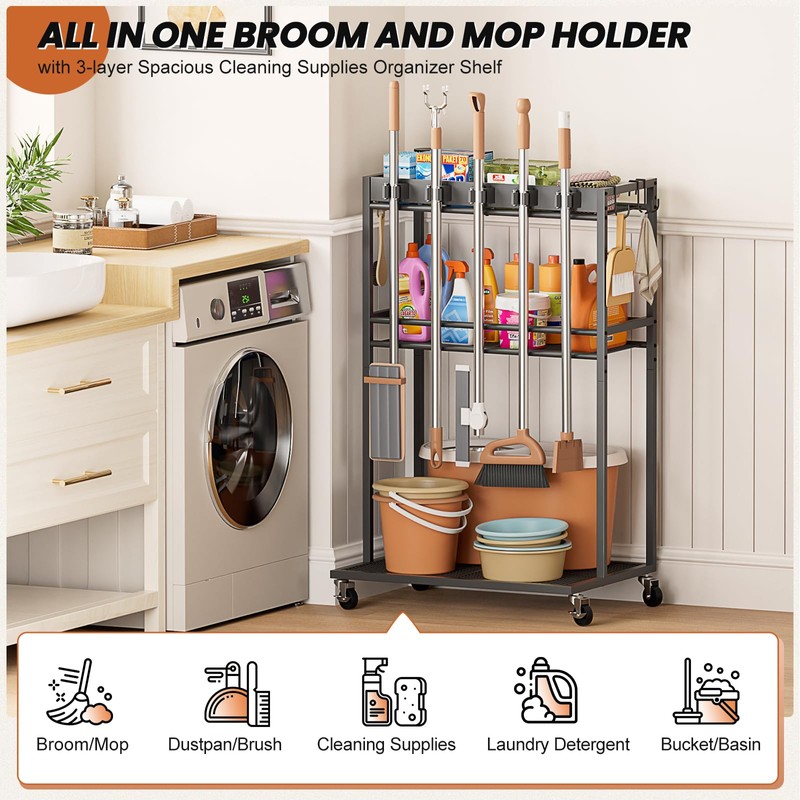 Broom Holder with Cleaning Supplies Organizer, Broom Closet Storage Cabinet