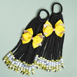 2pcs Kids Ponytail Extension - Braided Hair Extensions Braids with Bow and Beads Detachable Synthetic Hairpieces Protective Easy Hairstyle For Children Girls (Set of 2, Box-10inch) (Yellow)
