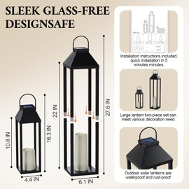 Large Outdoor Solar Lanterns Waterproof, Tall Farmhouse Black Metal Decorative Lanterns Solar Lights Outdoor for Front Porch Decor Outdoor Patio, Garden, Balcony, Porch, 27.6",16.3"-Set of 2