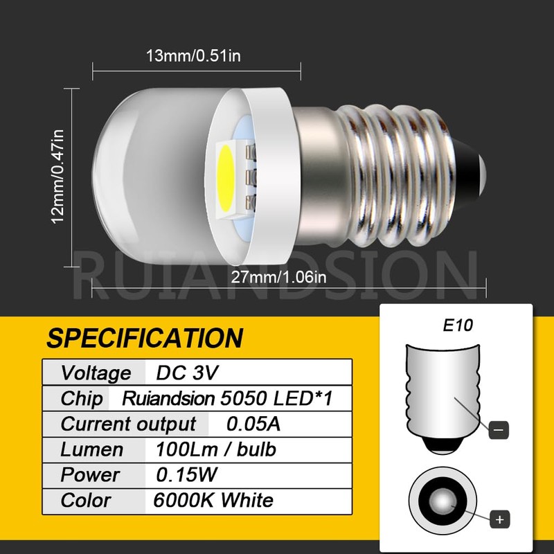 Ruiandsion 4pcs E10 LED Bulb 3V 0.15W 5050 1SMD White