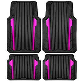 CAR PASS Heavy Duty Rubber Car Mats Metallic, Aluminum Film All Weather Floor Mats Waterproof Universal Trim to Fit for SUVs Sedans Vans 4 Piece Anodized Deep Dish Two-Tone Sporty Black Pink Chrome