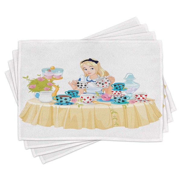 Lunarable Alice in Wonderland Place Mats Set of 4, Alice Pours Cup of Tea with Cupcakes Flowers in Wonderland Fantasy, Washable Fabric Placemats for Dining Room Kitchen Table Decor, Beige White