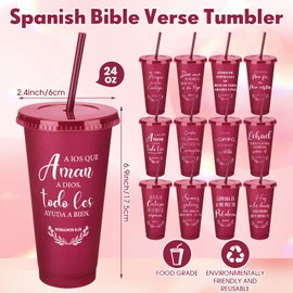 Funnymoom 24 Packs Inspirational Christian Gift for Women Men Spanish Bible Verse Tumbler Bulk 24 oz Plastic Tumblers with Lids and Straw Religious Cup Church Gifts for Sunday School (Wine Red)