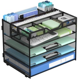 Docnest Organizador de escritorio de malla de 5 niveles, bandeja de cartas con compartimentos ajustables, almacenamiento de escritorio de malla con so