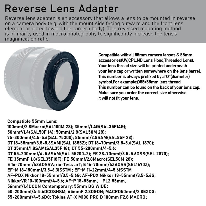 55mm Filter Thread Macro Reverse Mount Adapter Ring, for Nikon