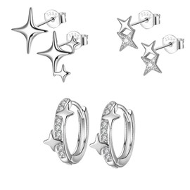 Hinvan 3 Pairs 925 Sterling Silver Star Earrings Silver Hoop Earrings Huggie Hoops Hypoallergenic Star Stud Earrings Small Sleeper Studs Cartilage for Women Girls