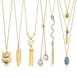 Milacolato Women's Long Necklaces for Women, Boho Chain, Tassel Pendant, Boho Necklace, Circle Knot Bar, Feather Leaf Pullover, Necklace, Statement Necklace for Women, Pack of 6, Metal