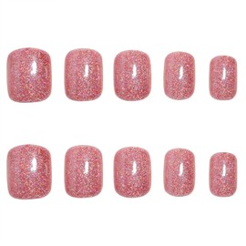 Tyuimhx Pink Press on Nails Short Square Fake Nails Glossy False Nails With Glitter Designs Full Cover Shine Artificial Nails Reusable Stick on Nails for Women Girls Glue on Nails 24Pcs