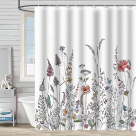 FAIRYGATE Anti Mould Shower Curtain Outdoor Shower Curtain Garden Decoration Flower Countryside Scenery Waterproof Bathroom Curtains with 12 Hooks B9820