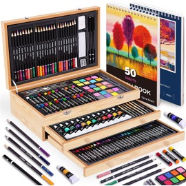175 Piece Deluxe Art Set with 2 Drawing Pads, Crayons, Acrylic Paints, Colored Pencils Set in Wooden Case, Professional Art Kit for Adults, Artist and Teens, Paint Supplies
