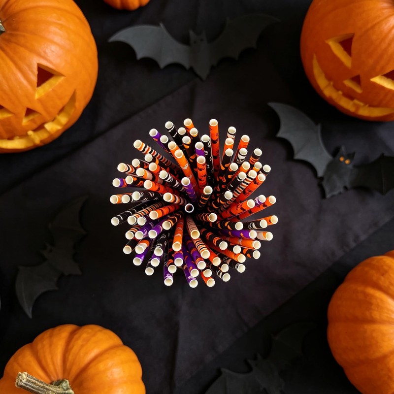 Halloween Party Paper Straws Black and Orange Purple Pumpkins Bats