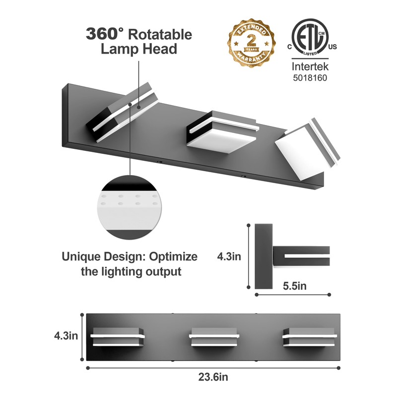 VOLISUN 5CCT Bathroom Light Fixtures Over Mirror, Dimmable, 360°Rotatable Head,