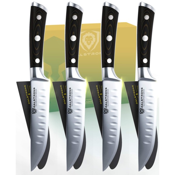 DALSTRONG Steak Knives - Set of 4 - Straight Blade Edge - Gladiator Series - Forged German ThyssenKrupp HC Steel - w/Sheaths (5" Straight-Edge Blade, Black G10 Handle)