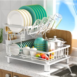 IMXSUMDA Dish Drying Rack, 2 Tier Dish Racks for Kitchen Counter,Large Capacity Detachable Dish Rack, Rustproof Dish Drainer with Drainboard,Utensil Holder,Cup Holder for Dish Strainers, White