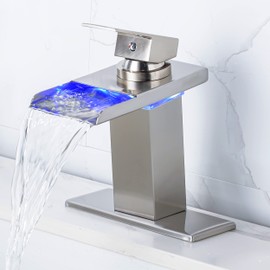 Y-Garhe LED Bathroom Sink Faucet - Brushed Nickel Single Hole or 4 Inch Centerset Waterfall Faucet with Stainless Steel Spout and Temperature-Sensitive LED Lights, includes Deck Plate