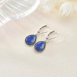Lapis Lazuli Earrings 925 Sterling Silver Boho Hypoallergenic Retro Oxidized Teardrop Dangle Drop Leverback Earrings for Women