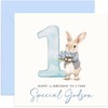 1st Birthday Greeting Card for Godson - Blue Bunny Rabbit