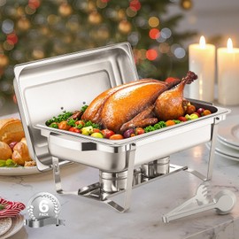 VEVOR Chafing Dish Buffet Set, 8 Qt 6 Pack, Stainless Steel Chafer with 6 Full Size Pans, Rectangle Catering Warmer Server with Lid Water Pan Stand Fuel Holder, for Weddings Parties Banquets, Silver