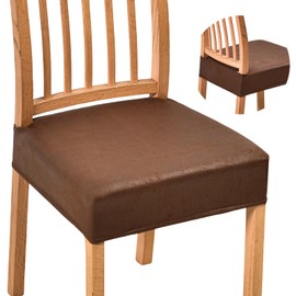 NILUOH Leather Like Seat Covers for Dining Chairs Set of 4, Stretch Dining Room Chair Covers Chair Slipcover Removable Washable Kitchen Chair Seat Protector Covers (Rear-Covered, Coffee)